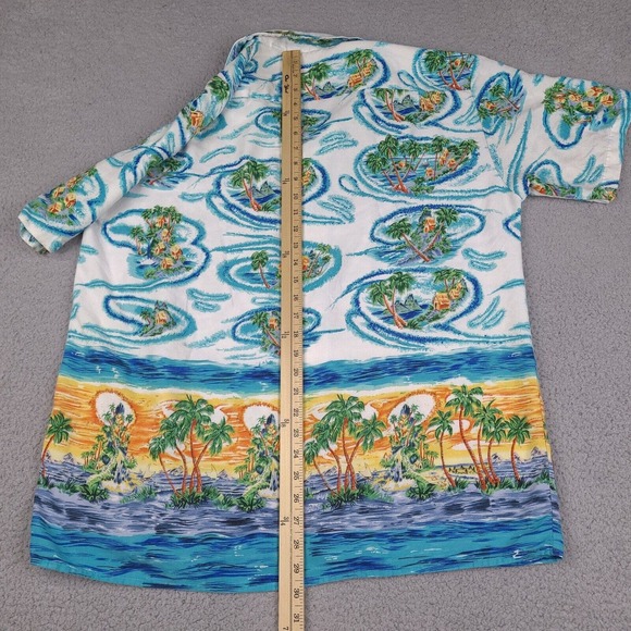 Vintage Ocean Current‎ Hawaiian Shirt Mens Large White Blue Button Short Sleeve - Picture 13 of 14